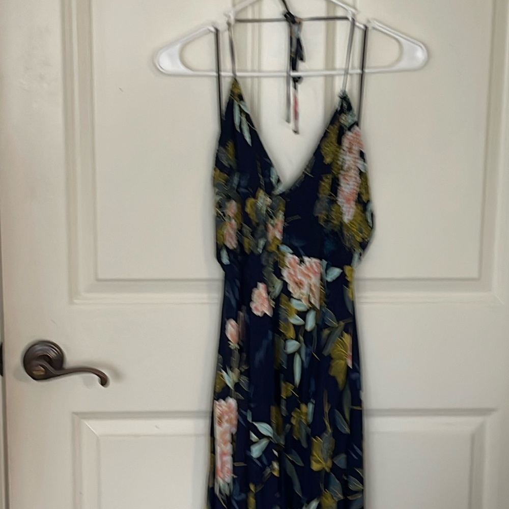Navy blue low cut, open back sundress